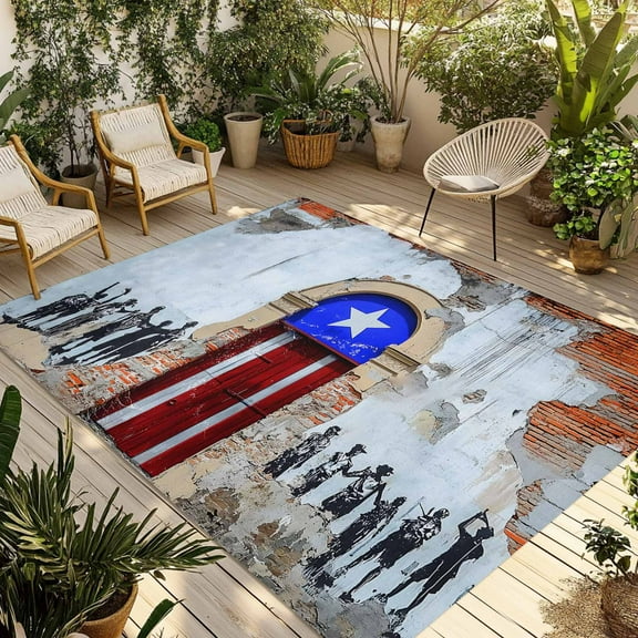 Fsddascl Independence Day Outdoor Rug for Patio/Deck/Porch, Non-Slip Large Area Rug 4 x 6 Ft, Mottled Country Graffiti Walls Retro Indoor Outdoor Rugs Washable Area Rugs, Camping Rug Carpet