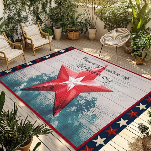 Fsddascl Independence Day Outdoor Rug for Patio/Deck/Porch, Non-Slip Large Area Rug 4 x 6 Ft, Vintage Red Star Trees Wooden Grain Indoor Outdoor Rugs Washable Area Rugs, Camping Rug Carpet