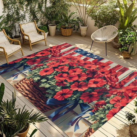 Fsddascl Independence Day Outdoor Rug for Patio/Deck/Porch, Non-Slip Large Area Rug 5 x 8 Ft, Red Blue American Flag Flower Wood Indoor Outdoor Rugs Washable Area Rugs, Reversible Camping Rug Carpet