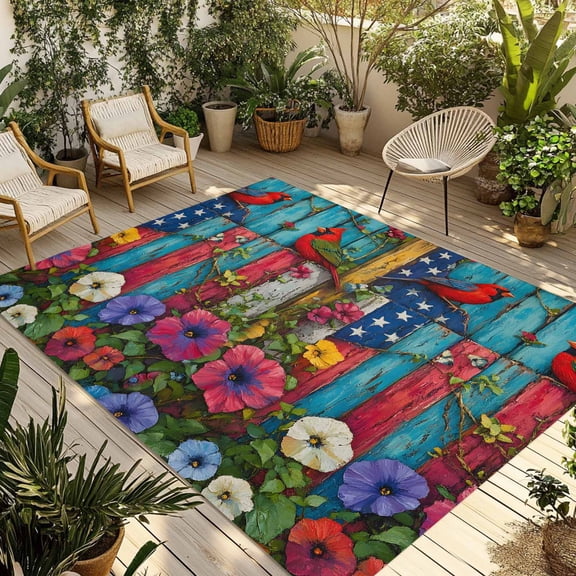 Fsddascl Independence Day Outdoor Rug for Patio/Deck/Porch, Non-Slip Large Area Rug 5 x 8 Ft, Red Blue Star Stripe Poppy Flower Indoor Outdoor Rugs Washable Area Rugs, Reversible Camping Rug Carpet