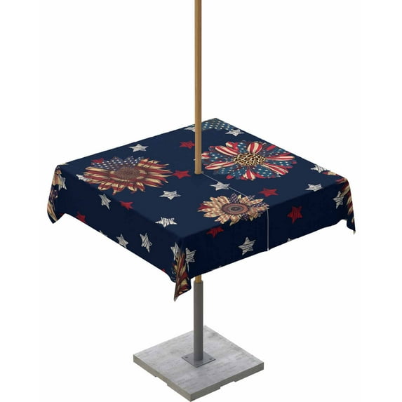 Fsddascl Independence Day Outdoor Tablecloth - 60x60 Inch Square Dining Table Cover, Blue Stars Stripes Sunflower Modern Waterproof Outdoor Table Cloth with Umbrella Hole & Zipper for Picnic/Patio