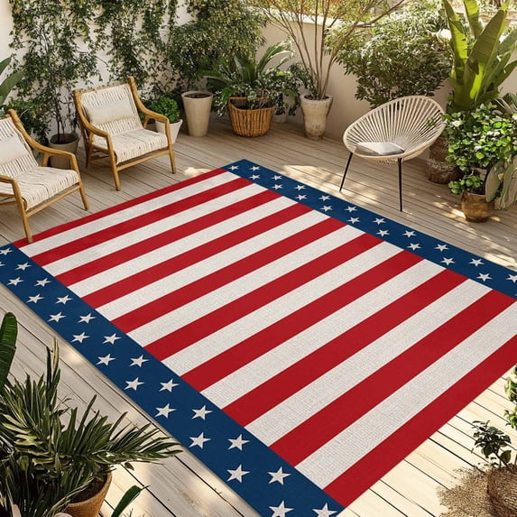 Fsddascl Independence Day Star Outdoor Rug for Patio/Deck/Porch, Non-Slip Large Area Rug 4 x 6 Ft, American Flag Red White Stripes Indoor Outdoor Rugs Washable Area Rugs, Camping Rug Carpet