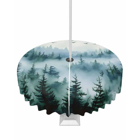 Fsddascl Ink Green Ombre Forest Outdoor Tablecloth - 54 Inch Round Dining Table Cover, Abstract Art Watercolor Tree Waterproof Outdoor Table Cloth with Umbrella Hole & Zipper for Picnic/Patio/Party