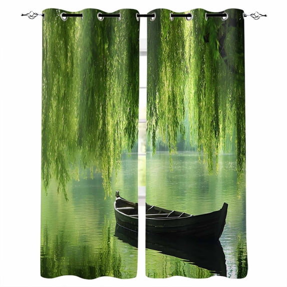 Fsddascl Lake Boat Pastoral Blackout Curtains for Bedroom/Living Room, Thermal Insulated Kitchen Curtains, Modern Farmhouse Lake Tree Grommet Darkening Window Treatment Drapes 42"x84"x2