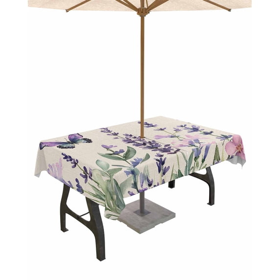 Fsddascl Lavender Butterflies Outdoor Tablecloth - 60x102 Inch Rectangle Dining Table Cover, Pastoral Florals Spring Vintage Waterproof Outdoor Table Cloth with Umbrella Hole & Zipper for Patio