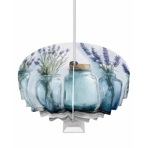 Fsddascl Lavender Floral Outdoor Tablecloth - 60 Inch Round Dining Table Cover, Spring Watercolor Flower Plant in Vase Waterproof Outdoor Table Cloth with Umbrella Hole & Zipper for Picnic/Patio