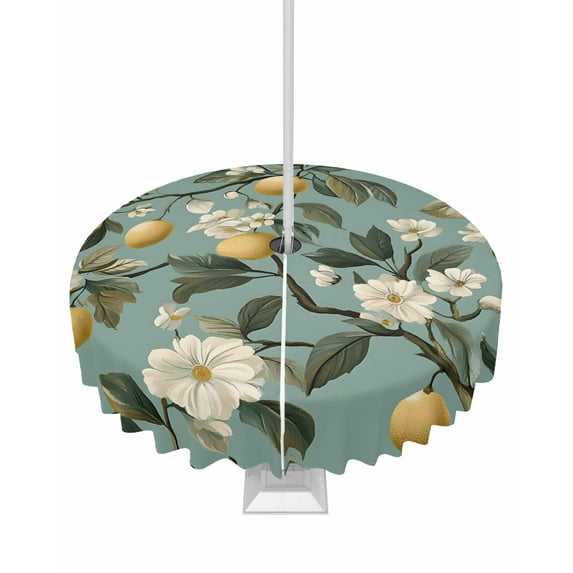 Fsddascl Lemon Flower Outdoor Tablecloth - 54 Inch Round Dining Table Cover, Farm Summer Leaves Branch Watercolor Waterproof Outdoor Table Cloth with Umbrella Hole & Zipper for Picnic/Patio/Party