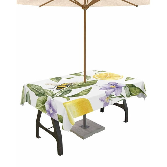 Fsddascl Lemon Flower Outdoor Tablecloth - 60x102 Inch Rectangle Dining Table Cover, Yellow Fruit Floral Country Bee Summer Waterproof Outdoor Table Cloth with Umbrella Hole & Zipper for Patio
