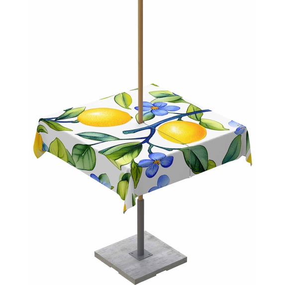 Fsddascl Lemon Flower Outdoor Tablecloth - 60x60 Inch Square Dining Table Cover, Fruit Blue Floral Spring Blooms Botanicals Waterproof Outdoor Table Cloth with Umbrella Hole & Zipper for Patio