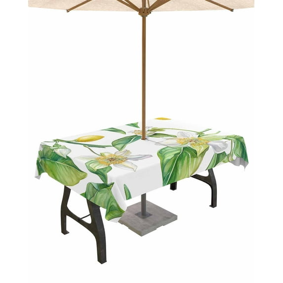 Fsddascl Lemon Flower Outdoor Tablecloth - 60x84 Inch Rectangle Dining Table Cover, Summer Leaves Watercolor Green Waterproof Outdoor Table Cloth with Umbrella Hole & Zipper for Picnic/Patio/Party