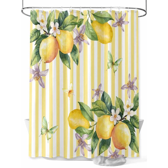 Fsddascl Lemon Flower Shower Curtain Set - Small 36" x 72" Washable Bathtub Curtain with 12 Hooks, Yellow Vertical Stripes Butterfly Farmhouse Waterproof Fabric Stall Shower Curtains for Bathroom