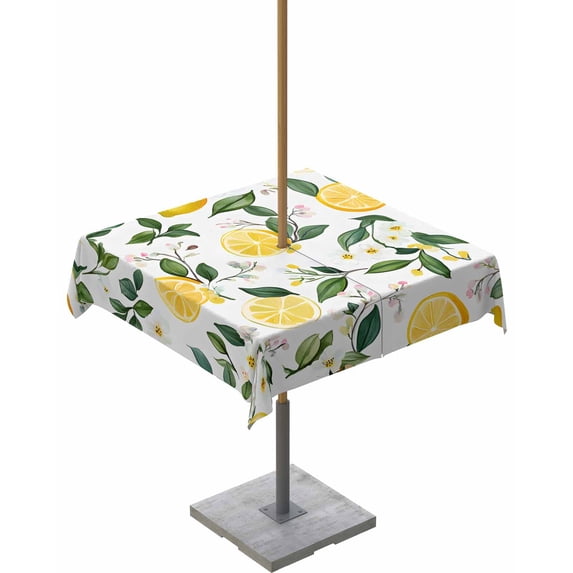 Fsddascl Lemon Fruit Outdoor Tablecloth - 54x54 Inch Square Dining Table Cover, Spring Pastoral Flowers Petal Country Waterproof Outdoor Table Cloth with Umbrella Hole & Zipper for Picnic/Patio