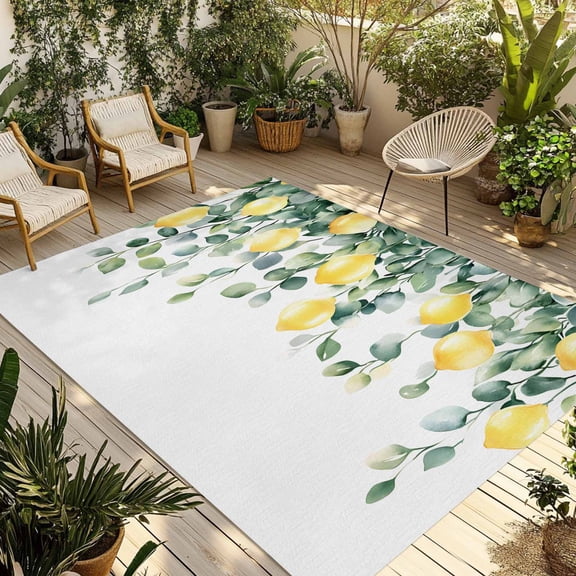 Fsddascl Lemon Leaves Outdoor Rug for Patio/Deck/Porch, Non-Slip Large Area Rug 4 x 6 Ft, Summer Botanical Eucalyptus Branches Indoor Outdoor Rugs Washable Area Rugs, Reversible Camping Rug Carpet