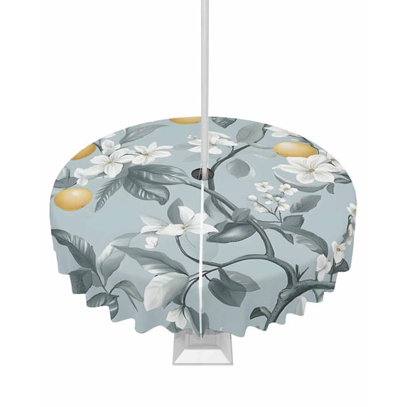 Fsddascl Lemon Leaves Outdoor Tablecloth - 60 Inch Round Dining Table Cover, Garden Floral Branch Leaf Summer Fruit Waterproof Outdoor Table Cloth with Umbrella Hole & Zipper for Picnic/Patio/Party