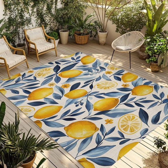 Fsddascl Lemon Outdoor Rug for Patio/Deck/Porch, Non-Slip Large Area Rug 5 x 8 Ft, Plant Branch Yellow Blue Retro Spring Summer Indoor Outdoor Rugs Washable Area Rugs, Reversible Camping Rug Carpet