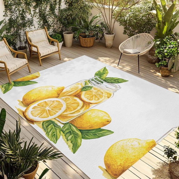 Fsddascl Lemon Outdoor Rug for Patio/Deck/Porch, Non-Slip Large Area Rug 5 x 8 Ft, Summer Fruit Watercolor Yellow Country Indoor Outdoor Rugs Washable Area Rugs, Reversible Camping Rug Carpet Runner