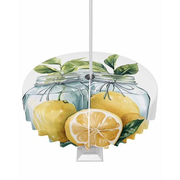 Fsddascl Lemon Outdoor Tablecloth - 54 Inch Round Dining Table Cover, Summer Watercolor Fruit Green Leaf in Vase Waterproof Outdoor Table Cloth with Umbrella Hole & Zipper for Picnic/Patio/Party