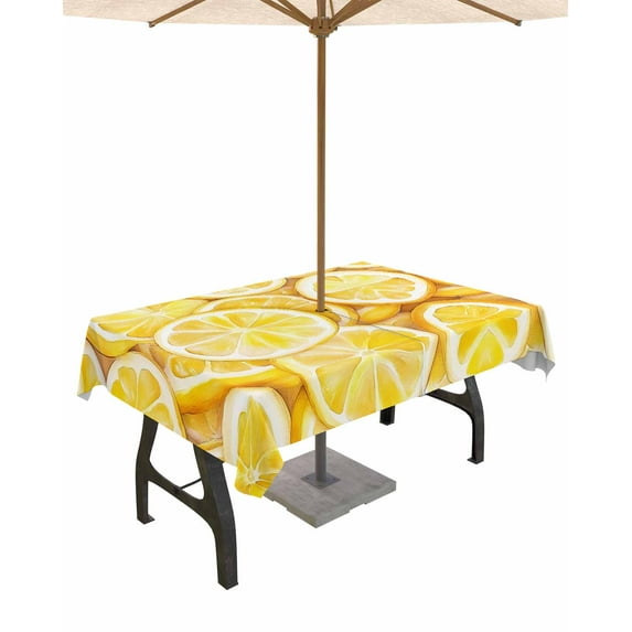 Fsddascl Lemon Outdoor Tablecloth - 54x80 Inch Rectangle Dining Table Cover, Summer Watercolor Yellow Fruits Waterproof Outdoor Table Cloth with Umbrella Hole & Zipper for Picnic/Patio/Party