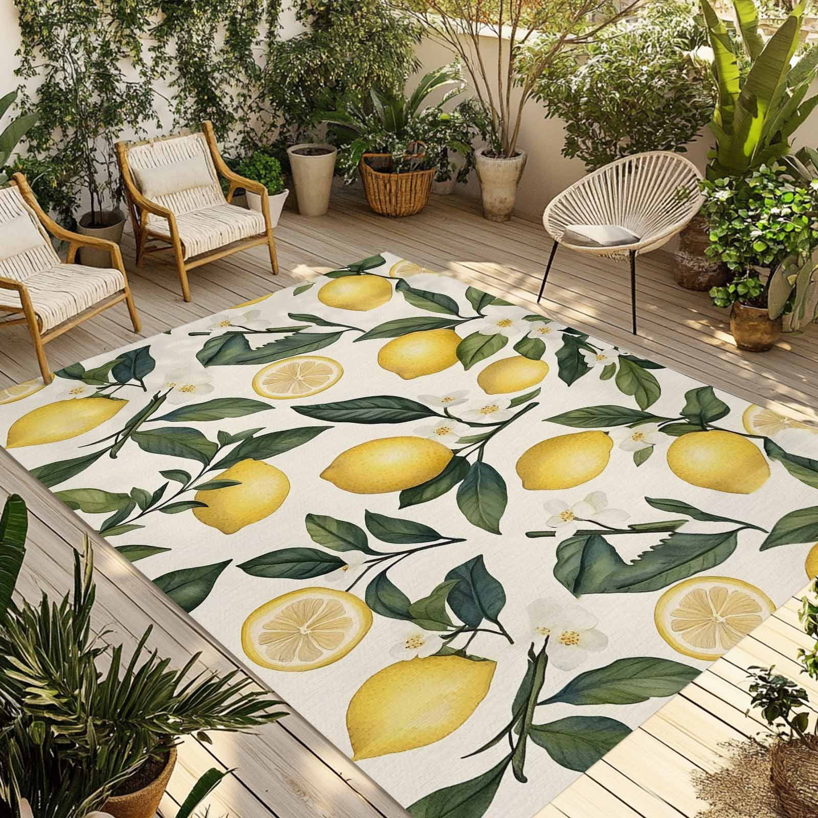 Fsddascl Lemon Watercolor Outdoor Rug for Patio/Deck/Porch, Non-Slip ...