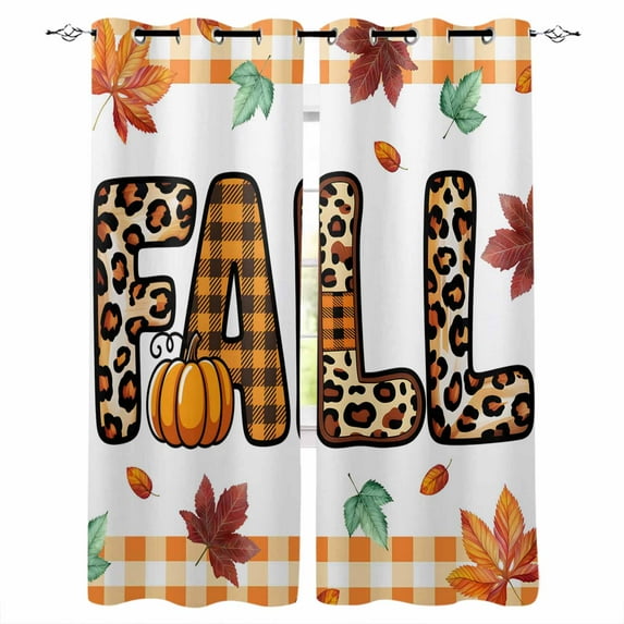 Fsddascl Leopard Print Fall Blackout Curtains for Bedroom/Living Room, Thermal Insulated Kitchen Curtains, Thanksgiving Pumpkin Maple Orange Check Grommet Darkening Window Treatment Drapes 42"x84"x2