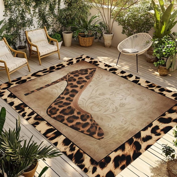 Fsddascl Leopard Print Outdoor Rug for Patio/Deck/Porch, Non-Slip Large Area Rug 4 x 6 Ft, Vintage Rustic High Heels Animal Texture Indoor Outdoor Rugs Washable Area Rugs, Camping Rug Carpet Runner