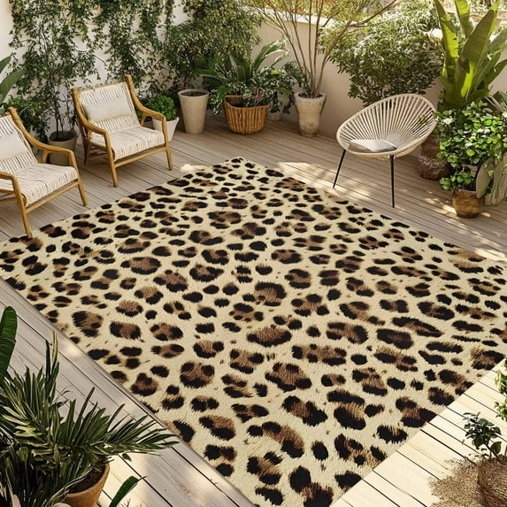 Fsddascl Leopard Printed Outdoor Rug for Patio/Deck/Porch, Non-Slip Large Area Rug 4 x 6 Ft, Modern Animal Fur Patterns Indoor Outdoor Rugs Washable Area Rugs, Reversible Camping Rug Carpet Runner