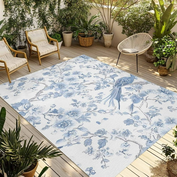 Fsddascl Light Blue Flowers Outdoor Rug for Patio/Deck/Porch, Non-Slip Large Area Rug 5 x 8 Ft, Spring Summer Floral Birds Indoor Outdoor Rugs Washable Area Rugs, Reversible Camping Rug Carpet