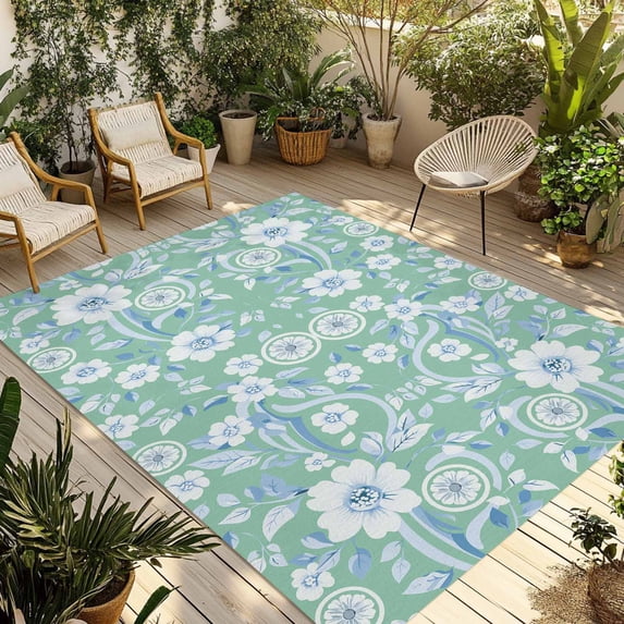 Fsddascl Light Green Blue Floral Outdoor Rug for Patio/Deck/Porch, Non-Slip Large Area Rug 4 x 6 Ft, Vintage Pastoral Botanical Indoor Outdoor Rugs Washable Area Rugs, Reversible Camping Rug Carpet