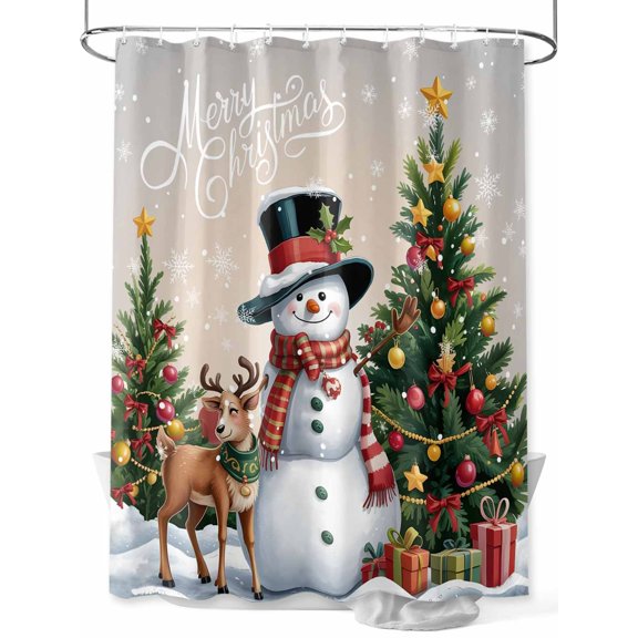 Fsddascl Light Grey Beige Ombre Christmas Shower Curtain Set - Long 72" x 84" Washable Bathtub Curtain with 12 Hooks, Xmas Snowman Tree Elk Snowflake Waterproof Fabric Shower Curtains for Bathroom