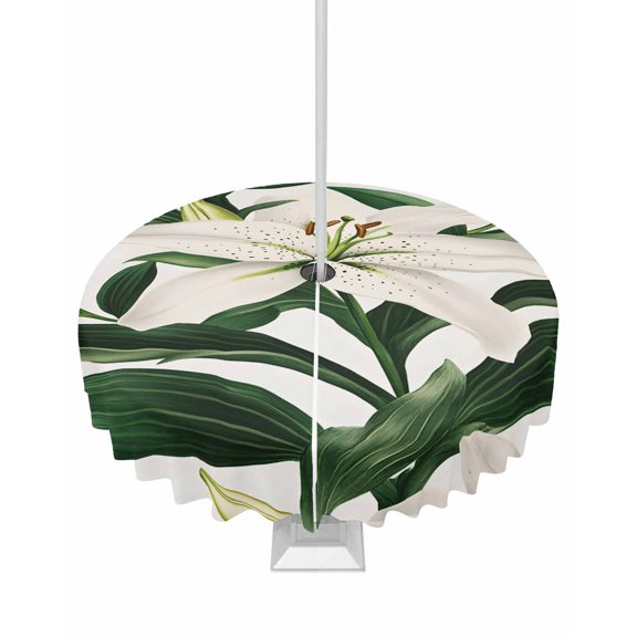 Fsddascl Lily Flower Outdoor Tablecloth - 54 Inch Round Dining Table Cover, Nature Botanical Garden Florals Watercolor Waterproof Outdoor Table Cloth with Umbrella Hole & Zipper for Picnic/Patio