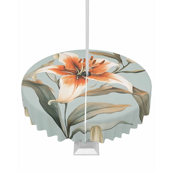 Fsddascl Lily Flower Outdoor Tablecloth - 54 Inch Round Dining Table Cover, Watercolor Country Blooms Spring Botanical Art Waterproof Outdoor Table Cloth with Umbrella Hole & Zipper for Picnic/Patio