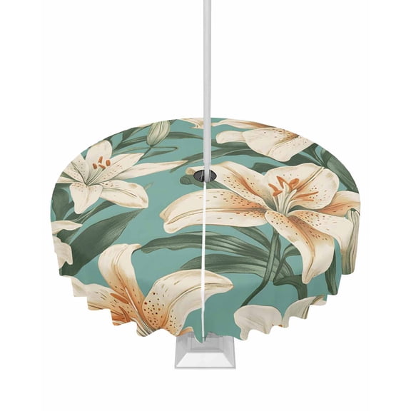 Fsddascl Lily Flower Outdoor Tablecloth - 54 Inch Round Dining Table Cover, Watercolor Vintage Style Spring Summer Waterproof Outdoor Table Cloth with Umbrella Hole & Zipper for Picnic/Patio/Party