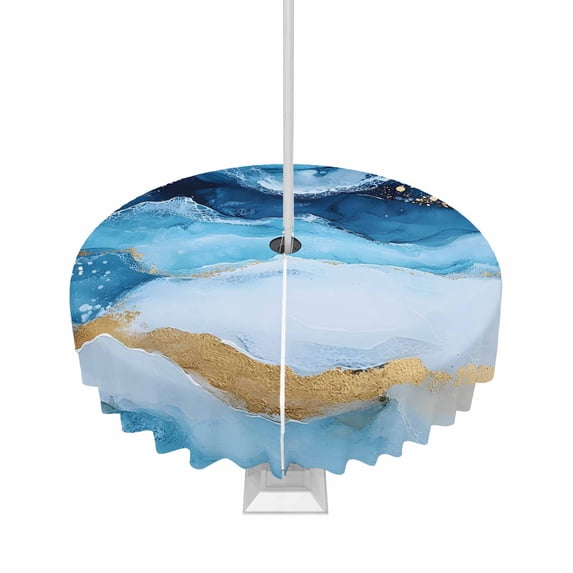Fsddascl Marble Blue Ombre Outdoor Tablecloth - 54 Inch Round Dining Table Cover, Modern Abstract Aesthetics Golden Waterproof Outdoor Table Cloth with Umbrella Hole & Zipper for Picnic/Patio/Party