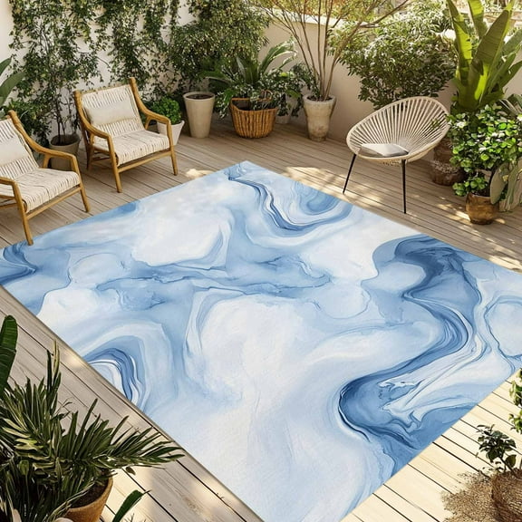 Fsddascl Marble Blue Outdoor Rug for Patio/Deck/Porch, Non-Slip Large Area Rug 4 x 6 Ft, Abstract Modern Minimalist Solid Ombre Indoor Outdoor Rugs Washable Area Rugs, Reversible Camping Rug Carpet