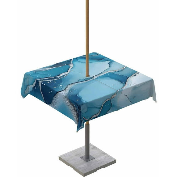 Fsddascl Marble Blue Outdoor Tablecloth - 60x60 Inch Square Dining Table Cover, Modern Aesthetics Abstract Impressionist Waterproof Outdoor Table Cloth with Umbrella Hole & Zipper for Picnic/Patio