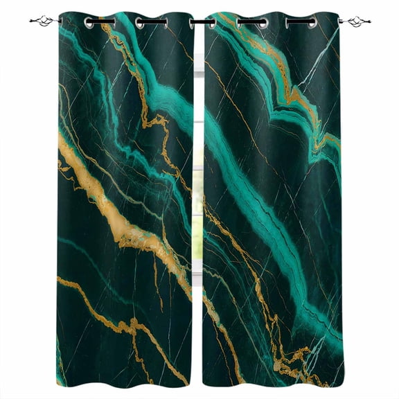Fsddascl Marble Green Blackout Curtains for Bedroom/Living Room, Thermal Insulated Kitchen Curtains, Retro Abstract Ombre Gold Nature Cracks Grommet Darkening Window Treatment Drapes 42"x63"x2
