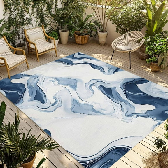 Fsddascl Marble Outdoor Rug for Patio/Deck/Porch, Non-Slip Large Area Rug 4 x 6 Ft, Blue Abstract Neutral Textured Modern Watercolor Indoor Outdoor Rugs Washable Area Rugs, Camping Rug Carpet