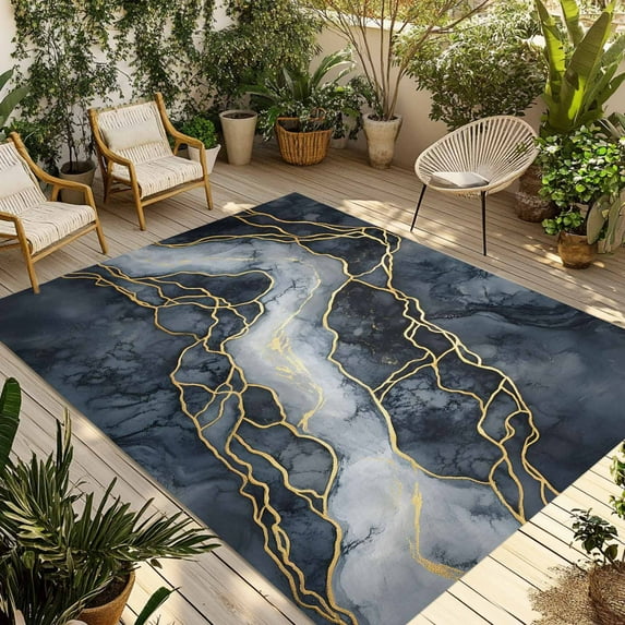 Fsddascl Marble Outdoor Rug for Patio/Deck/Porch, Non-Slip Large Area Rug 4 x 6 Ft, Navy Blue Modern Luxury Gold Texture Indoor Outdoor Rugs Washable Area Rugs, Reversible Camping Rug Carpet Runner