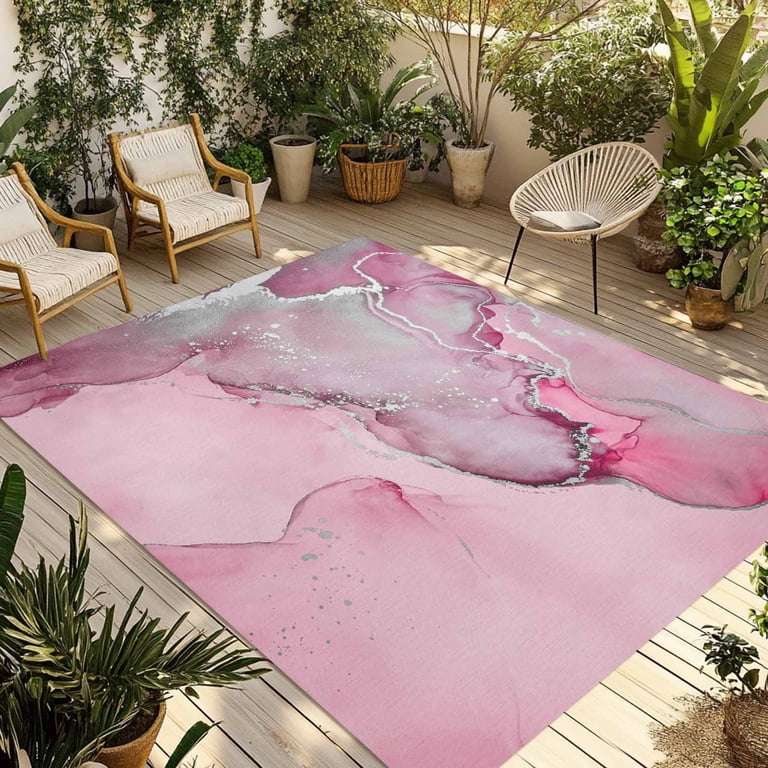 Fsddascl Marble Pink Outdoor Rug for Patio/Deck/Porch, Non-Slip