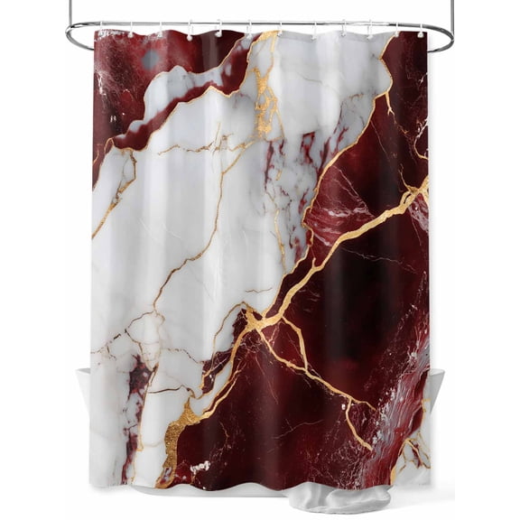 Fsddascl Marble Red Shower Curtain Set - Small 36" x 72" Washable Bathtub Curtain with 12 Hooks, Modern Abstract Gold White Brick Stone Motif Waterproof Fabric Stall Shower Curtains for Bathroom