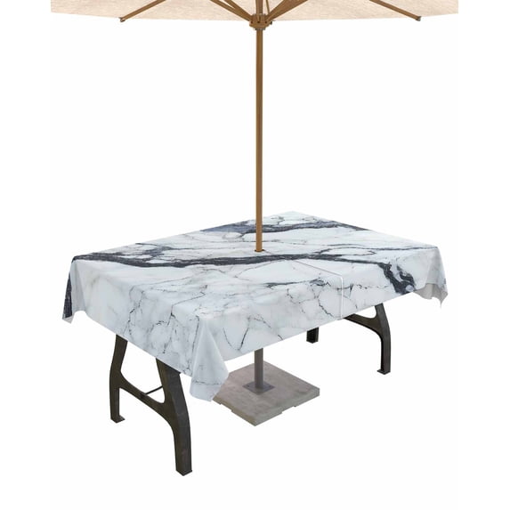 Fsddascl Marble White Outdoor Tablecloth - 60x102 Inch Rectangle Dining Table Cover, Modern Abstract Art Ink Painting Waterproof Outdoor Table Cloth with Umbrella Hole & Zipper for Picnic/Patio