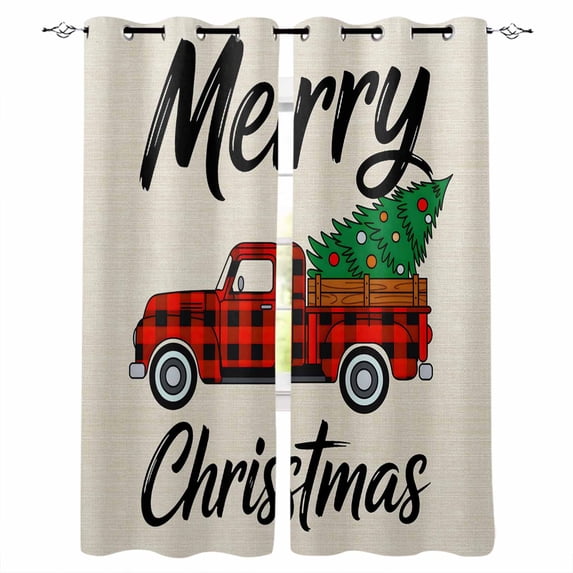Fsddascl Merry Christmas Blackout Curtains for Bedroom/Living Room, Thermal Insulated Kitchen Curtains, Red Black Plaid Truck Xmas Tree Winter Grommet Darkening Window Treatment Drapes 27.5"x39"x2