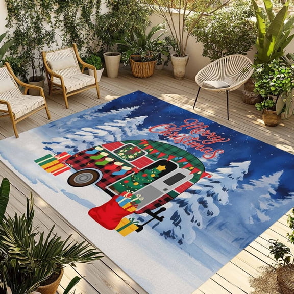 Fsddascl Merry Christmas Outdoor Rug for Patio/Deck/Porch, Non-Slip Large Area Rug 4 x 6 Ft, Xmas Tree Camper Van Winter Gifts Indoor Outdoor Rugs Washable Area Rugs, Camping Rug Carpet Runner
