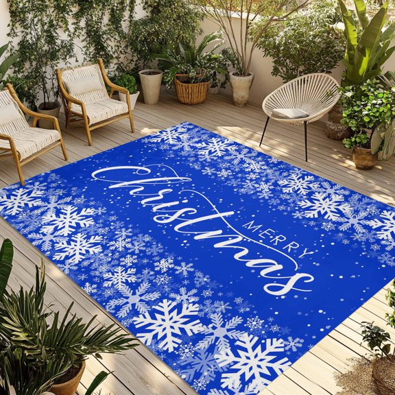 Fsddascl Merry Christmas Outdoor Rug for Patio/Deck/Porch, Non-Slip Large Area Rug 6 x 9 Ft, Winter Snowflake Xmas Aesthetic Blue Indoor Outdoor Rugs Washable Area Rugs, Camping Rug Carpet Runner