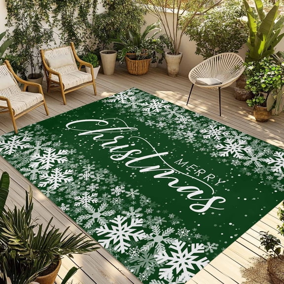Fsddascl Merry Christmas Outdoor Rug for Patio/Deck/Porch, Non-Slip Large Area Rug 6 x 9 Ft, Winter Snowflake Xmas Aesthetic Green Indoor Outdoor Rugs Washable Area Rugs, Camping Rug Carpet Runner