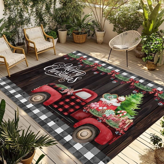 Fsddascl Merry Christmas Outdoor Rug for Patio/Deck/Porch, Non-Slip Large Area Rug 6 x 9 Ft, Xmas Tree Truck Balls Gifts Brown Wood Indoor Outdoor Rugs Washable Area Rugs, Camping Rug Carpet Runner