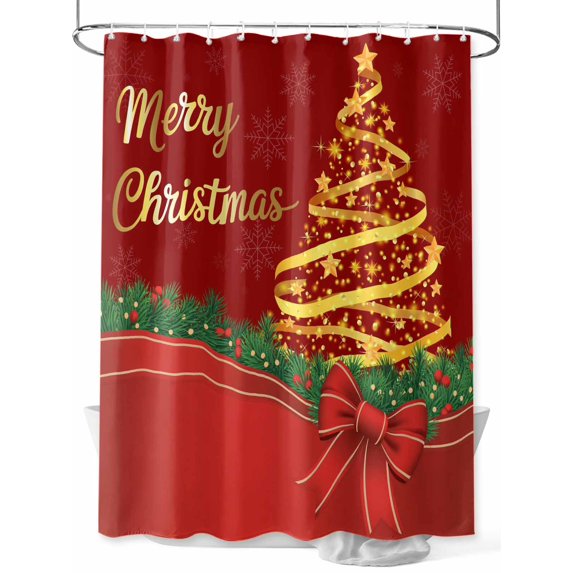 Fsddascl Merry Christmas Shower Curtain Set - Small 36" x 72" Washable Bathtub Curtain with 12 Hooks, Xmas Pine Tree Branch Red Bow New Year Waterproof Fabric Stall Shower Curtains for Bathroom