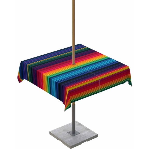 Fsddascl Mexico Striped Outdoor Tablecloth - 54x54 Inch Square Dining Table Cover, Geometric Boho Red Orange Blue Green Waterproof Outdoor Table Cloth with Umbrella Hole & Zipper for Picnic/Patio