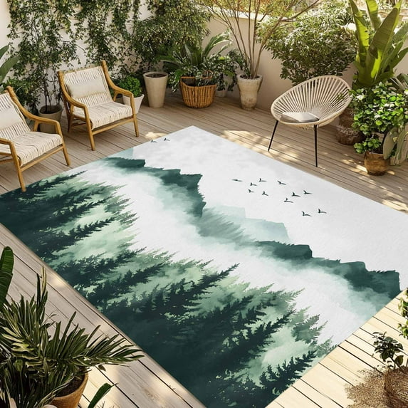 Fsddascl Mist Forest Mountain Outdoor Rug for Patio/Deck/Porch, Non-Slip Large Area Rug 5 x 8 Ft, Watercolor Plant Nature Landscape Indoor Outdoor Rugs Washable Area Rugs, Camping Rug Carpet