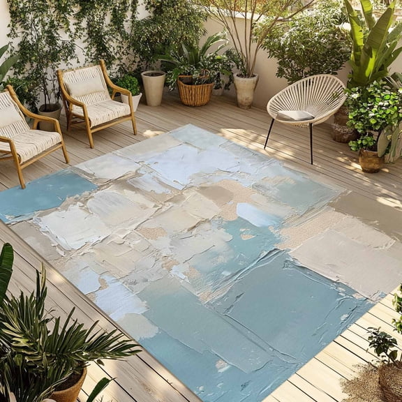 Fsddascl Modern Abstract Outdoor Rug for Patio/Deck/Porch, Non-Slip Large Area Rug 5 x 8 Ft, Blue Brown Color Blocks Indoor Outdoor Rugs Washable Area Rugs, Reversible Camping Rug Carpet Runner